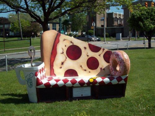 The bench in front of Donuts Delite in Rochester. I got excited as we drove by and The BF said, "You know, you can't eat that."